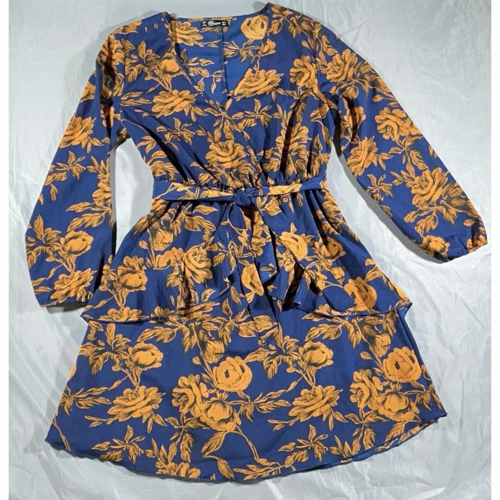UGUEST Women Long Sleeve V Neck Navy Floral Dress with Belt
